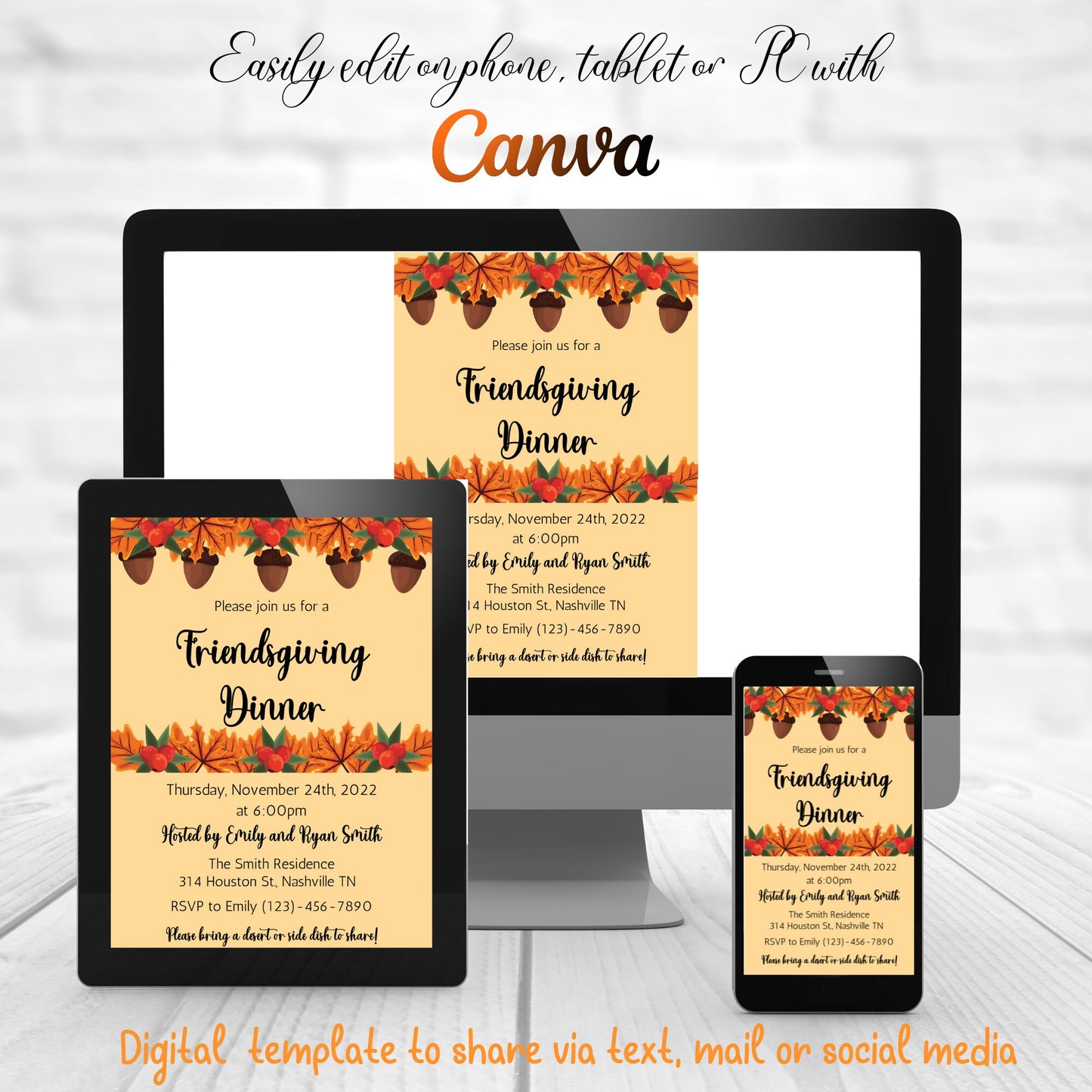 Editable Friendsgiving Dinner Invitation, Thanksgiving Invitation, Fall Autumn Dinner Invite, Instant Download Template