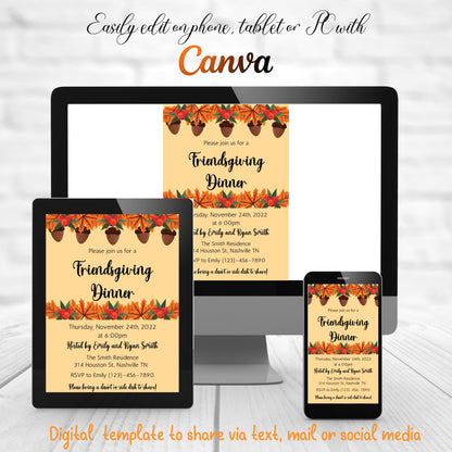 Editable Friendsgiving Dinner Invitation, Thanksgiving Invitation, Fall Autumn Dinner Invite, Instant Download Template