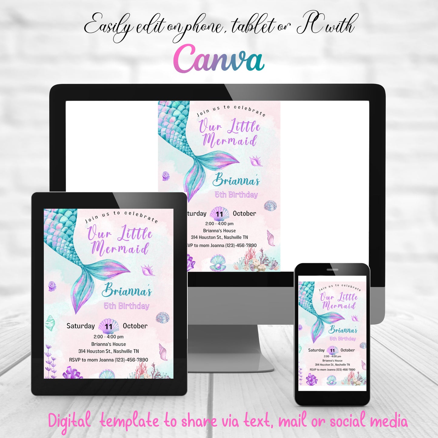 Editable Little Mermaid Birthday Invitation, Under the Sea Pink Teal Mermaid Birthday Invite, Printable Template, Instant Download