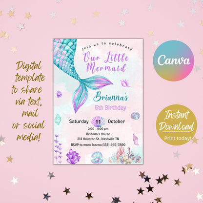 Editable Little Mermaid Birthday Invitation, Under the Sea Pink Teal Mermaid Birthday Invite, Printable Template, Instant Download