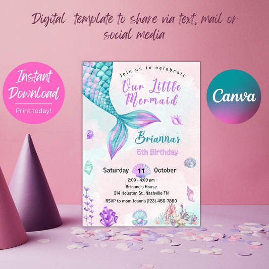 Editable Little Mermaid Birthday Invitation, Under the Sea Pink Teal Mermaid Birthday Invite, Printable Template, Instant Download