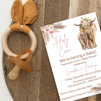 Boho Highland Cow Baby Shower Invitation, Holy Cow Baby Shower Invite, Pampas Baby Shower, Online Editable Template