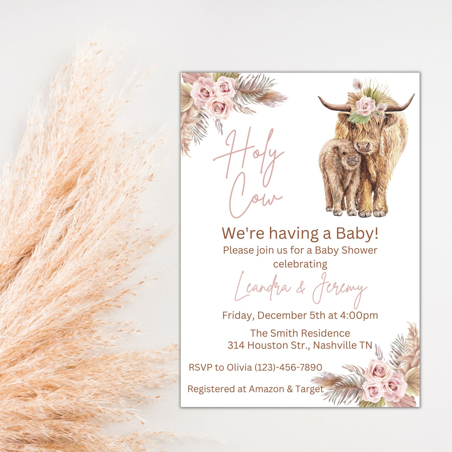 Boho Highland Cow Baby Shower Invitation, Holy Cow Baby Shower Invite, Pampas Baby Shower, Online Editable Template