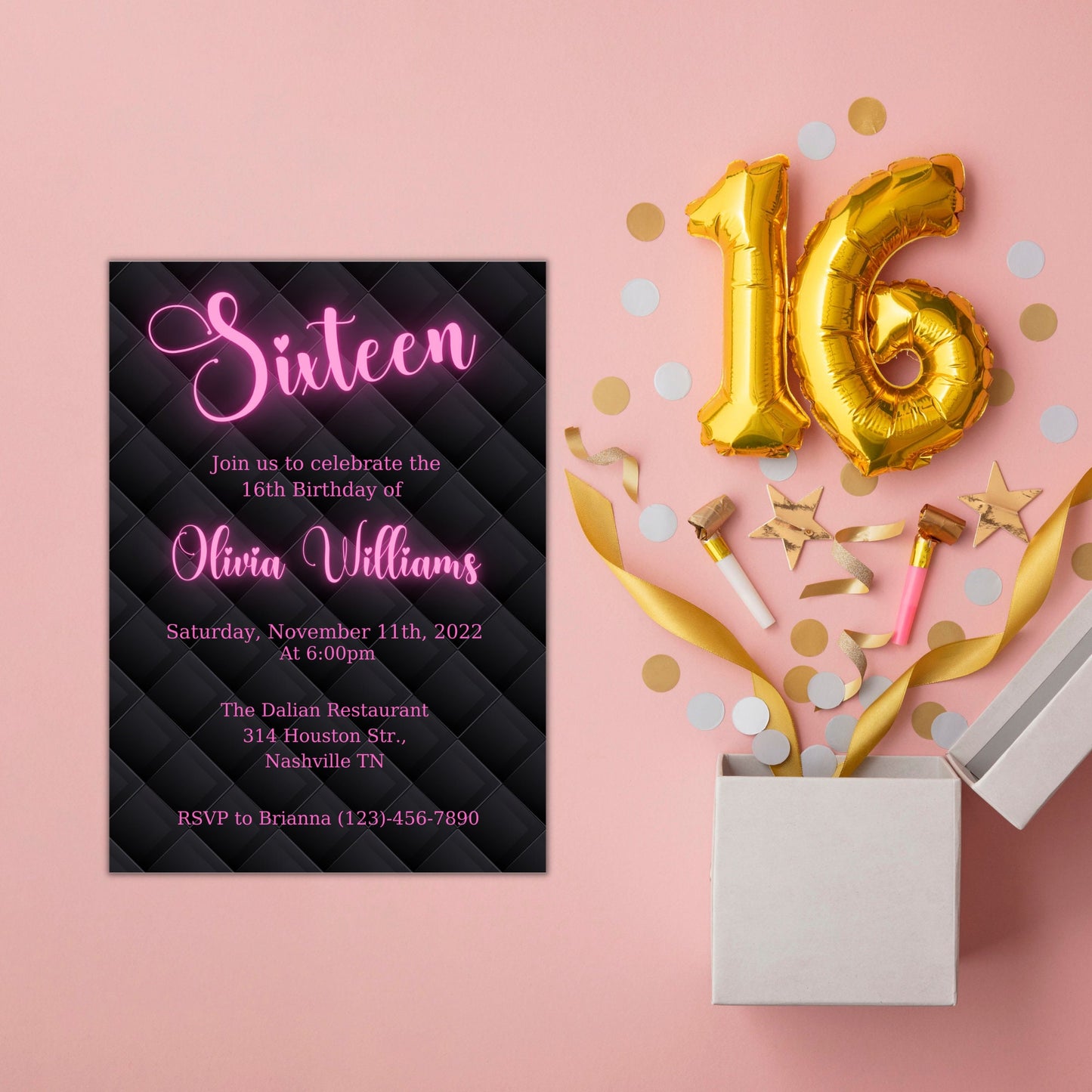 Editable 16th Birthday Invitation for Girl, Sweet 16, Sixteenth Birthday Invite, Pink Neon Lights, Digital Invite for teen, Instant Download