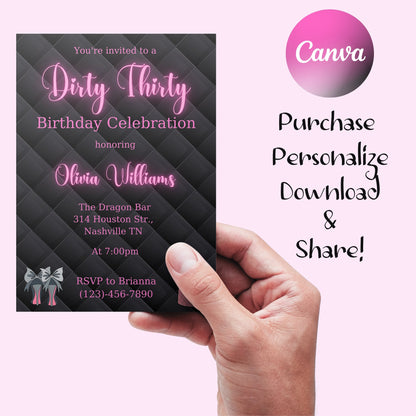 Editable 30th Birthday Invitation for Women, Dirty Thirty Birthday Invite, Pink Neon Lights, Digital Invite for adults, Instant Download