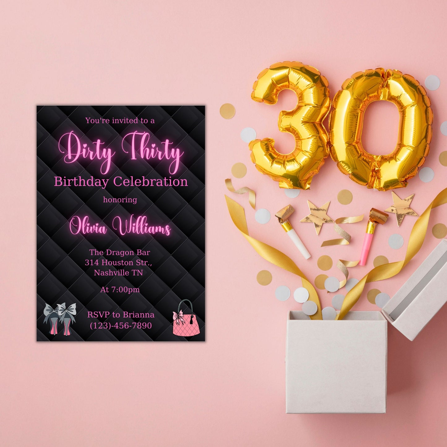 Editable 30th Birthday Invitation for Women, Dirty Thirty Birthday Invite, Pink Neon Lights, Digital Invite for adults, Instant Download