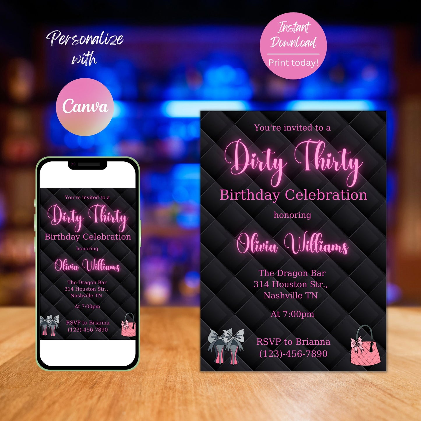 Editable 30th Birthday Invitation for Women, Dirty Thirty Birthday Invite, Pink Neon Lights, Digital Invite for adults, Instant Download