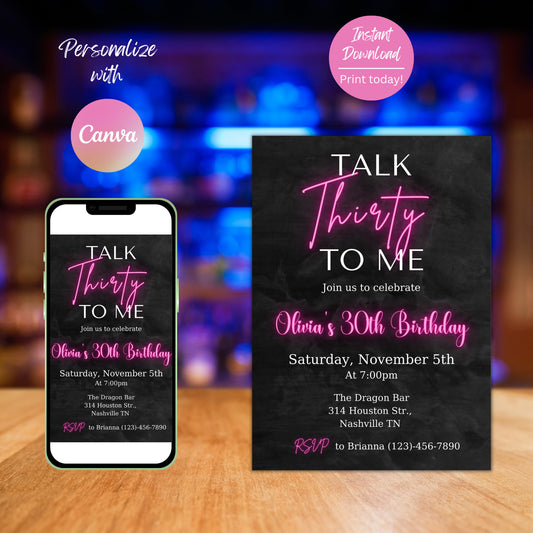 Editable 30th Birthday Invitation for Women, Talk Thirty to me Birthday Invite, Pink Neon Light, Digital Invite for adults, Instant Download