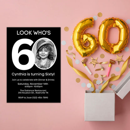 Editable 60th Invitation with photo, Look Who's 60, 60th Birthday Invitation Template, Minimal 60th Invitation, Editable, Printable