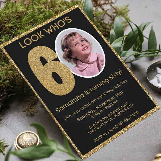 Editable 60th Invitation with photo, Look Who's 60, 60th Birthday Invitation Template, Gold 60th Invitation, Editable, Printable