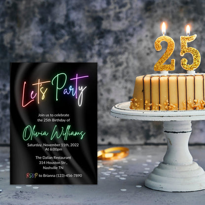 Neon Light Birthday Invitation, Editable Template, Adult bday Invite, Glow Party,Teen, Rainbow, girl, ANY AGE, Let's Party, Instant Download