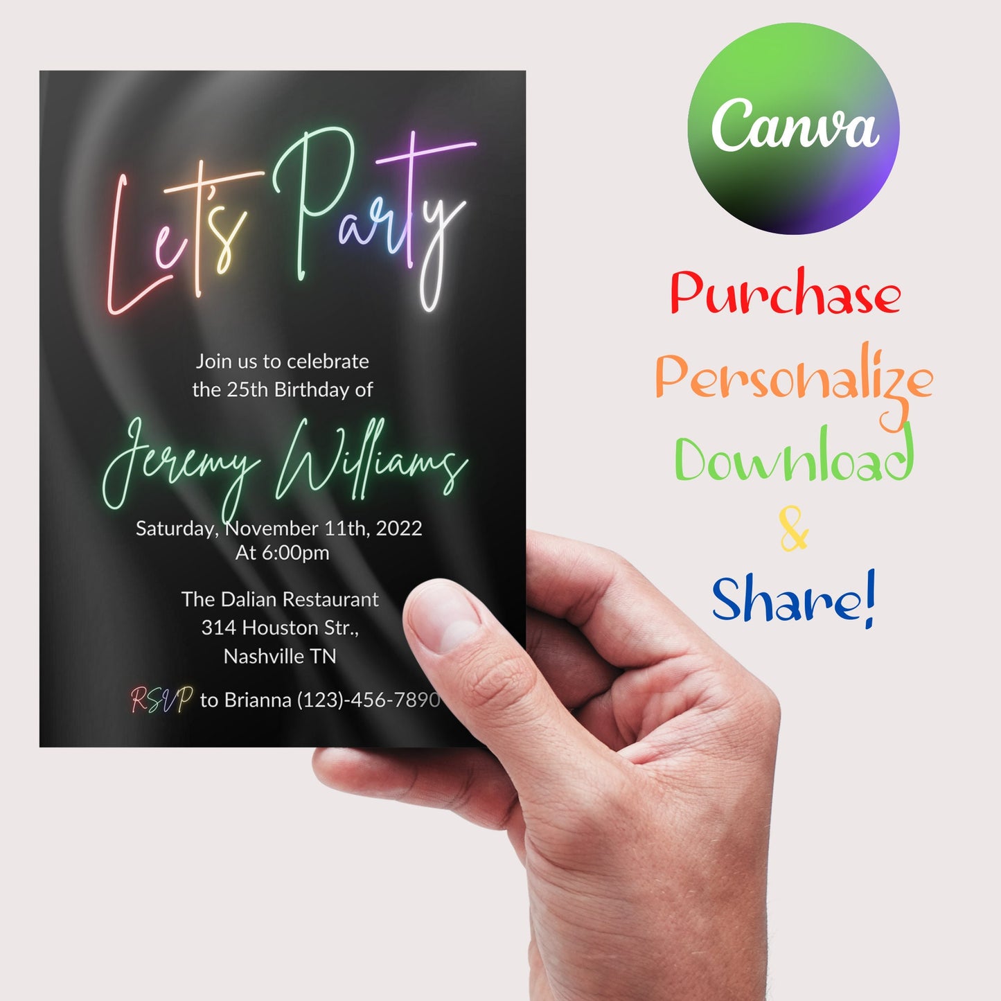 Neon Light Birthday Invitation, Editable Template, Adult bday Invite, Glow Party,Teen, Rainbow, girl, ANY AGE, Let's Party, Instant Download