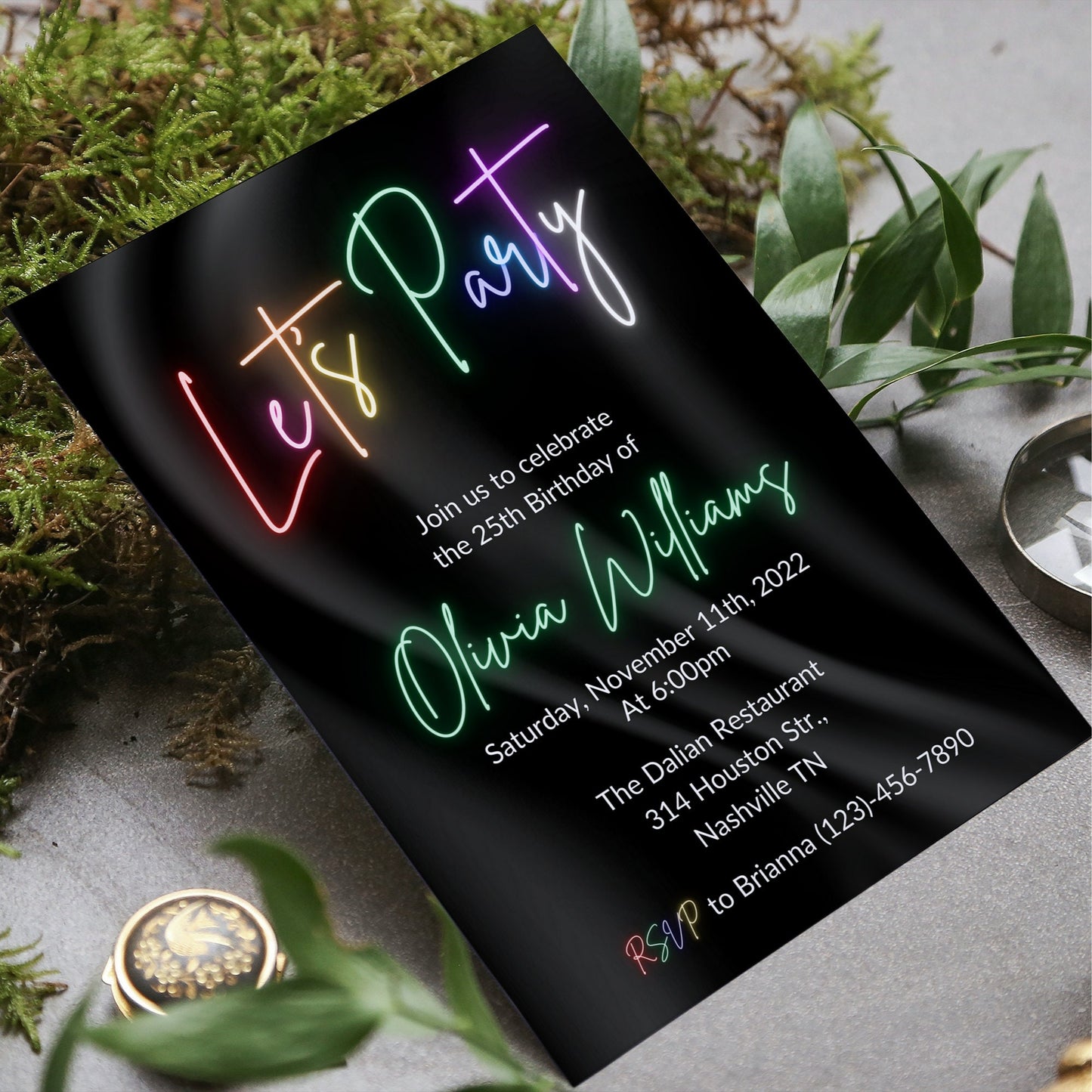 Neon Light Birthday Invitation, Editable Template, Adult bday Invite, Glow Party,Teen, Rainbow, girl, ANY AGE, Let's Party, Instant Download