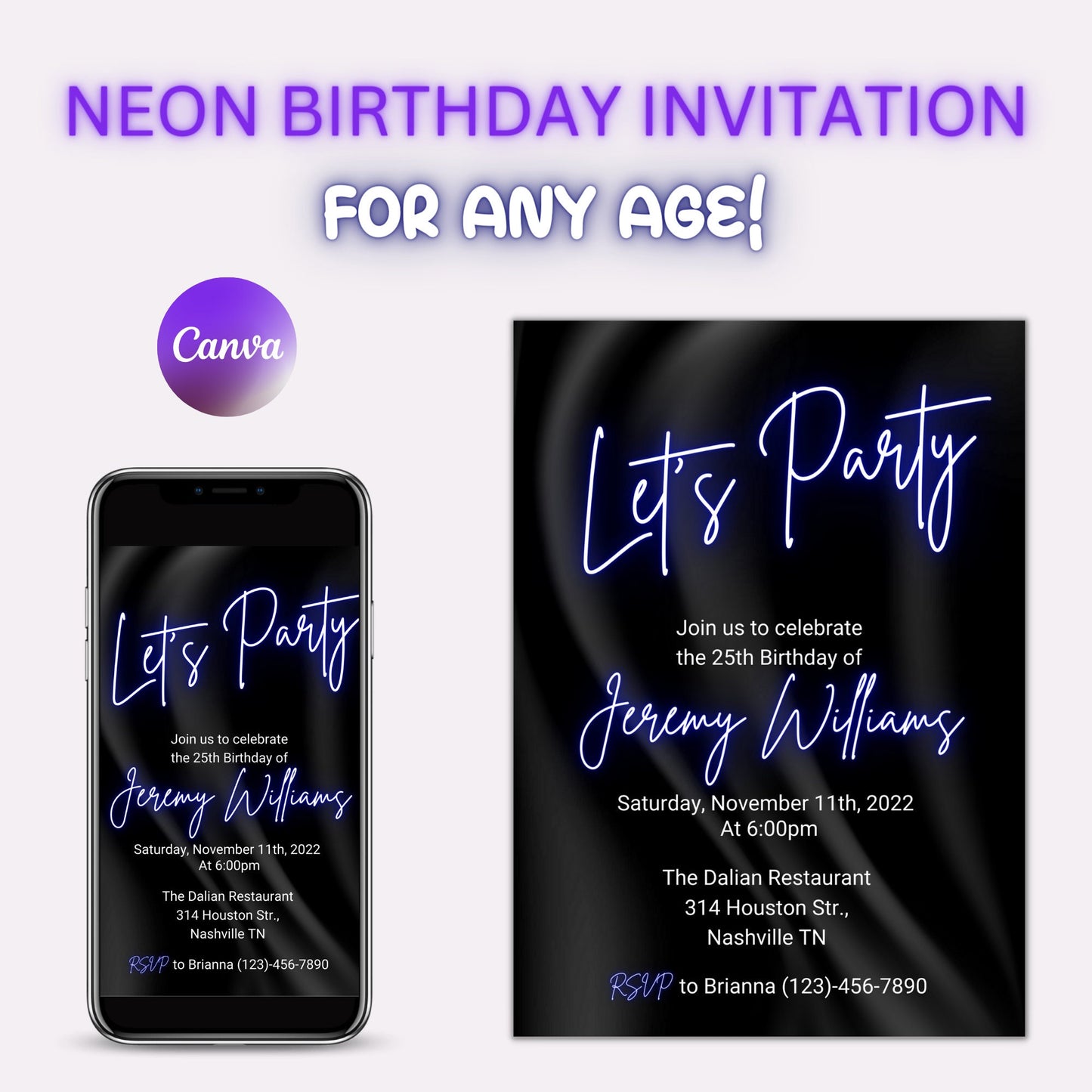 Neon Light Birthday Invitation, Editable Template, Adult bday Invite, Glow Party,Teen, Pink, girl, ANY AGE, Let's Party, Instant Download