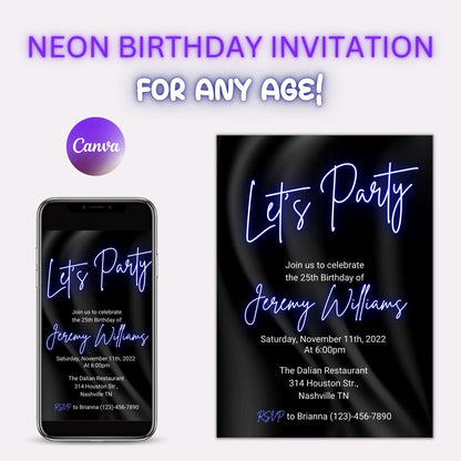 Neon Light Birthday Invitation, Editable Template, Adult bday Invite, Glow Party,Teen, Pink, girl, ANY AGE, Let's Party, Instant Download