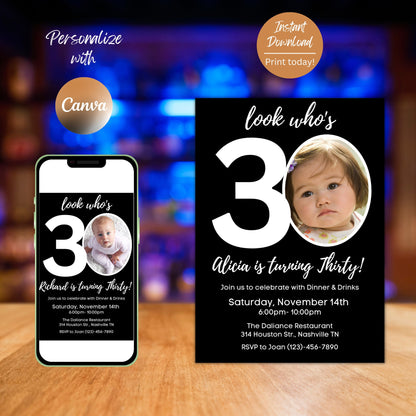 Editable 30th Invitation with photo, Look Who's 30, 30th Birthday Invitation Template, Minimal 30th Invitation, Editable, Printable