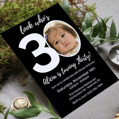 Editable 30th Invitation with photo, Look Who's 30, 30th Birthday Invitation Template, Minimal 30th Invitation, Editable, Printable