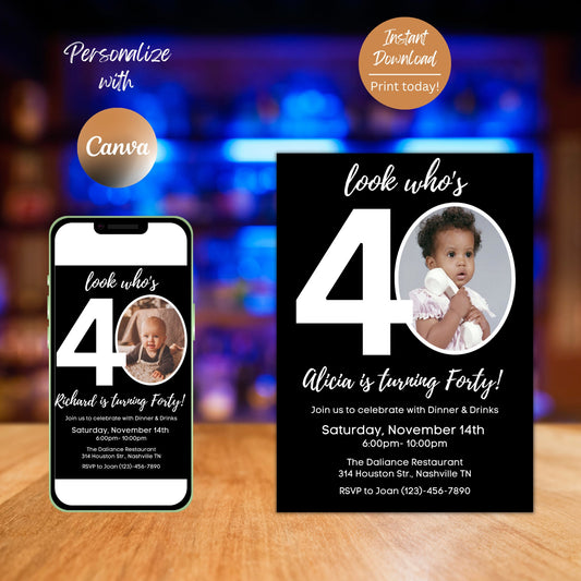 Editable 40th Invitation with photo, Look Who's 40, 40th Birthday Invitation Template, Minimal 40th Invitation, Editable, Printable