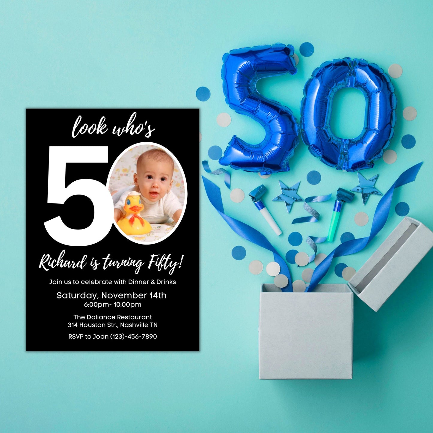 Editable 50th Invitation with photo, Look Who's 50, 50th Birthday Invitation Template, Minimal 50th Invitation, Editable, Printable