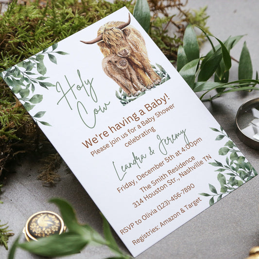 Highland Cow Baby Shower Invitation, Gender Neutral Boho Cow Baby Shower, Holy Cow Baby Shower Invite, Greenery, Online Editable Template