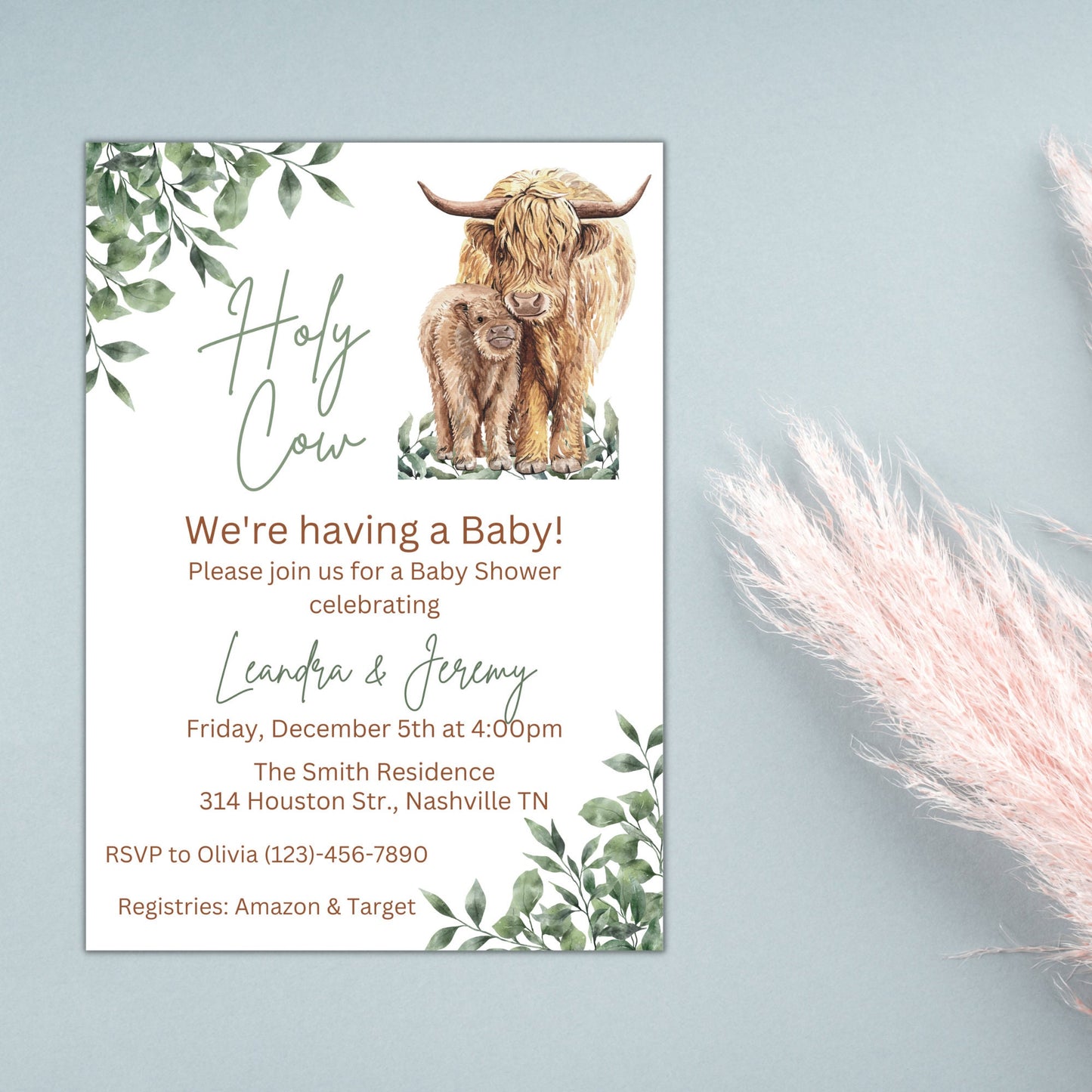 Highland Cow Baby Shower Invitation, Gender Neutral Boho Cow Baby Shower, Holy Cow Baby Shower Invite, Greenery, Online Editable Template