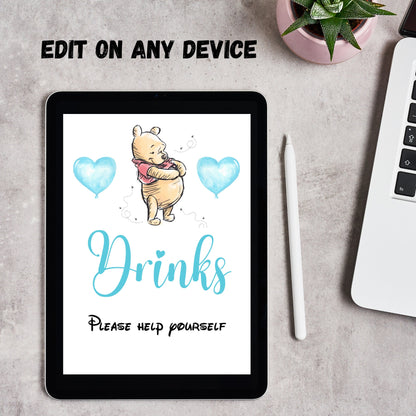 10+1 Winnie the Pooh Editable Baby Shower Signs, Baby Shower Sign Bundle, Mimosa Bar Sign, Diaper Raflle, Printable Editable Download