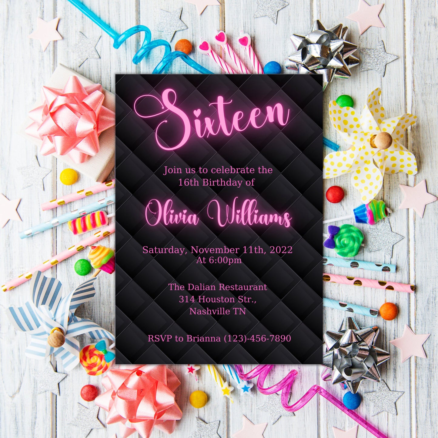 Editable 16th Birthday Invitation for Girl, Sweet 16, Sixteenth Birthday Invite, Pink Neon Lights, Digital Invite for teen, Instant Download