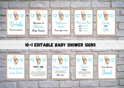 10+1 Winnie the Pooh Editable Baby Shower Signs, Baby Shower Sign Bundle, Mimosa Bar Sign, Diaper Raflle, Printable Editable Download