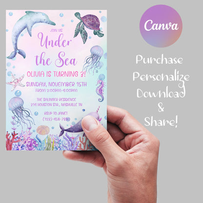 Editable Under The Sea Birthday Invitation Template, Printable Watercolor Under the Sea Invite, Octopus Sea Invite, Instant Download