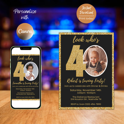 Editable 40th Invitation with photo, Look Who's 40, 40th Birthday Invitation Template, Gold 40th Invitation, Editable, Printable