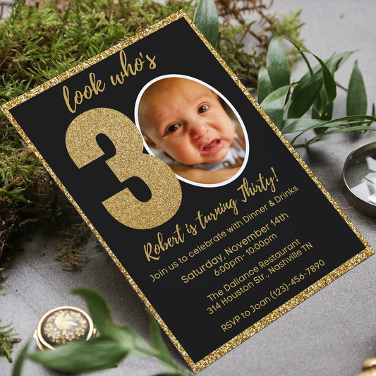 Editable 30th Invitation with photo, Look Who's 30, 30th Birthday Invitation Template, Gold 30th Invitation, Editable, Printable