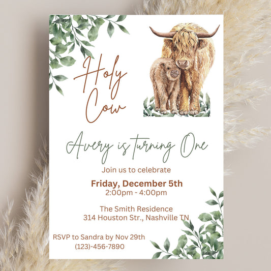 Editable Boho Highland Cow Birthday Invitation, Holy Cow I'm One Invite, Greenery Farm Cow First Birthday Template, Instant Download