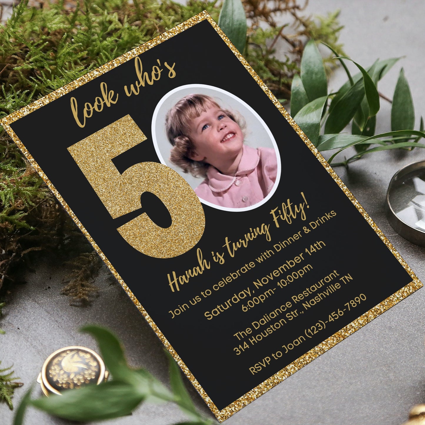 Editable 50th Invitation with photo, Look Who's 50, 50th Birthday Invitation Template, Gold 50th Invitation, Editable, Printable