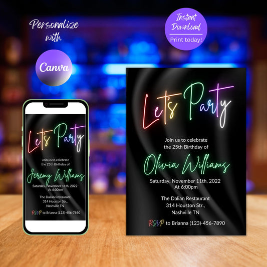 Neon Light Birthday Invitation, Editable Template, Adult bday Invite, Glow Party,Teen, Rainbow, girl, ANY AGE, Let's Party, Instant Download