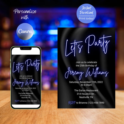 Neon Light Birthday Invitation, Editable Template, Adult bday Invite, Glow Party,Teen, Pink, girl, ANY AGE, Let's Party, Instant Download