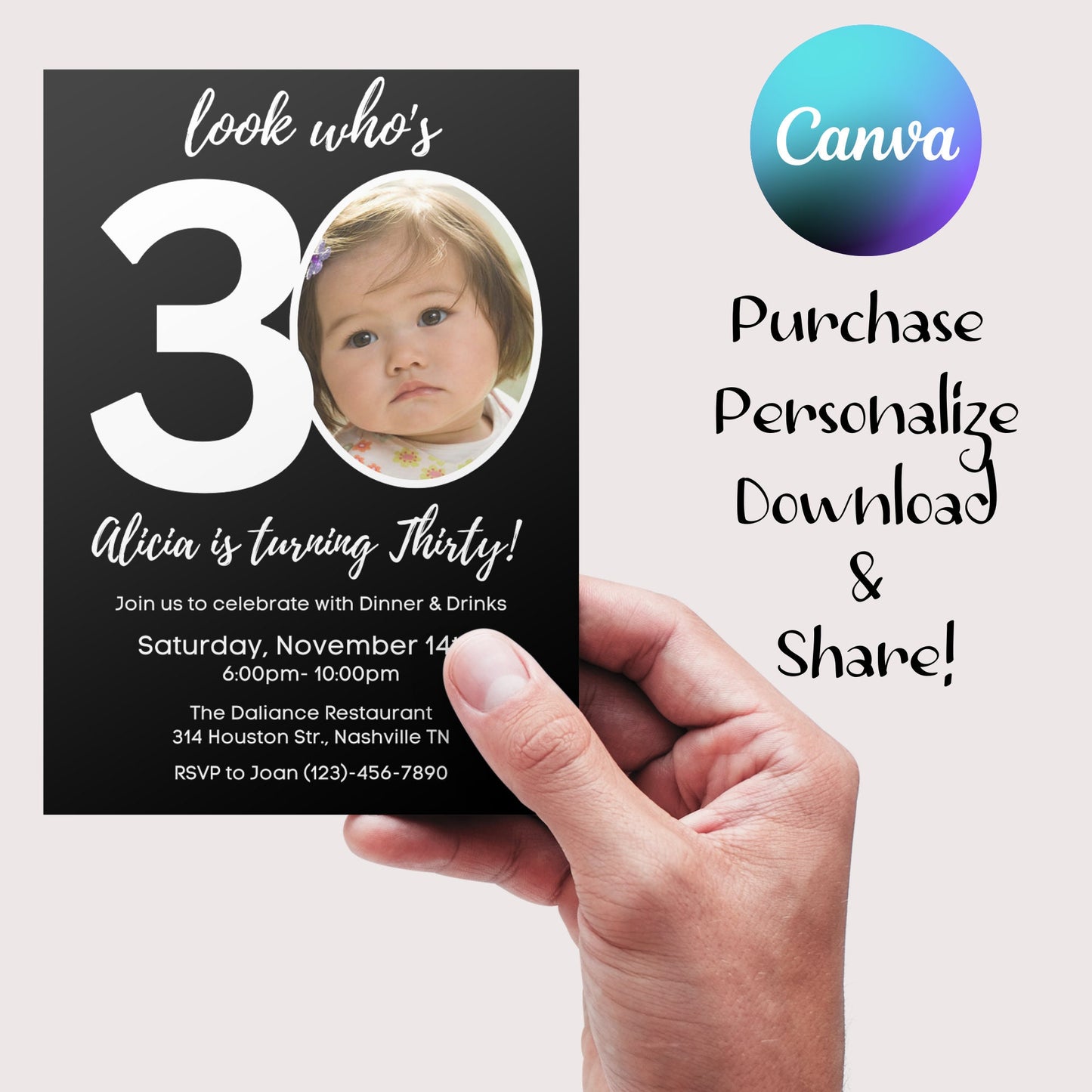 Editable 30th Invitation with photo, Look Who's 30, 30th Birthday Invitation Template, Minimal 30th Invitation, Editable, Printable