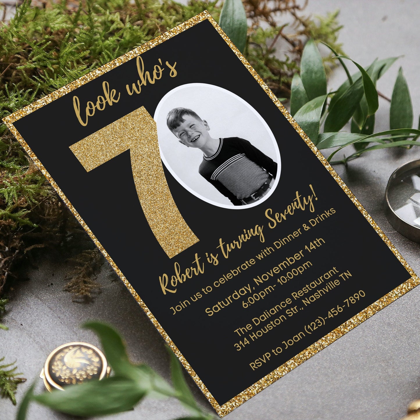 Editable 70th Invitation with photo, Look Who's 70, 70th Birthday Invitation Template, Gold 70th Invitation, Editable, Printable