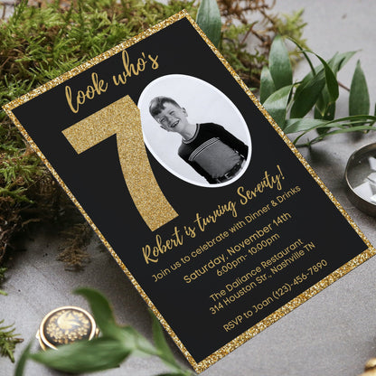 Editable 70th Invitation with photo, Look Who's 70, 70th Birthday Invitation Template, Gold 70th Invitation, Editable, Printable