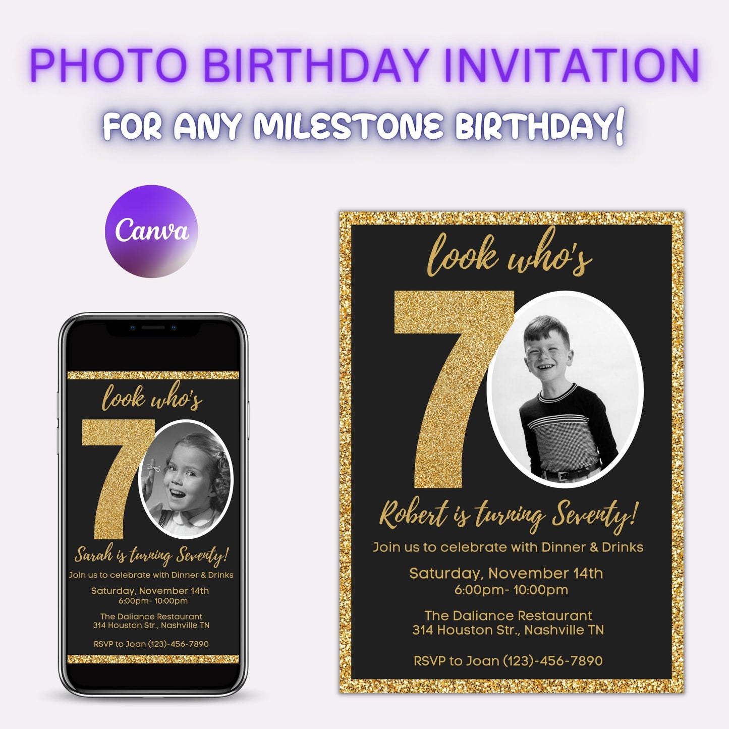 Editable 70th Invitation with photo, Look Who's 70, 70th Birthday Invitation Template, Gold 70th Invitation, Editable, Printable