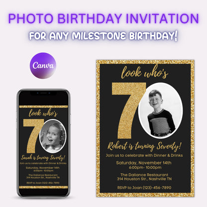 Editable 70th Invitation with photo, Look Who's 70, 70th Birthday Invitation Template, Gold 70th Invitation, Editable, Printable