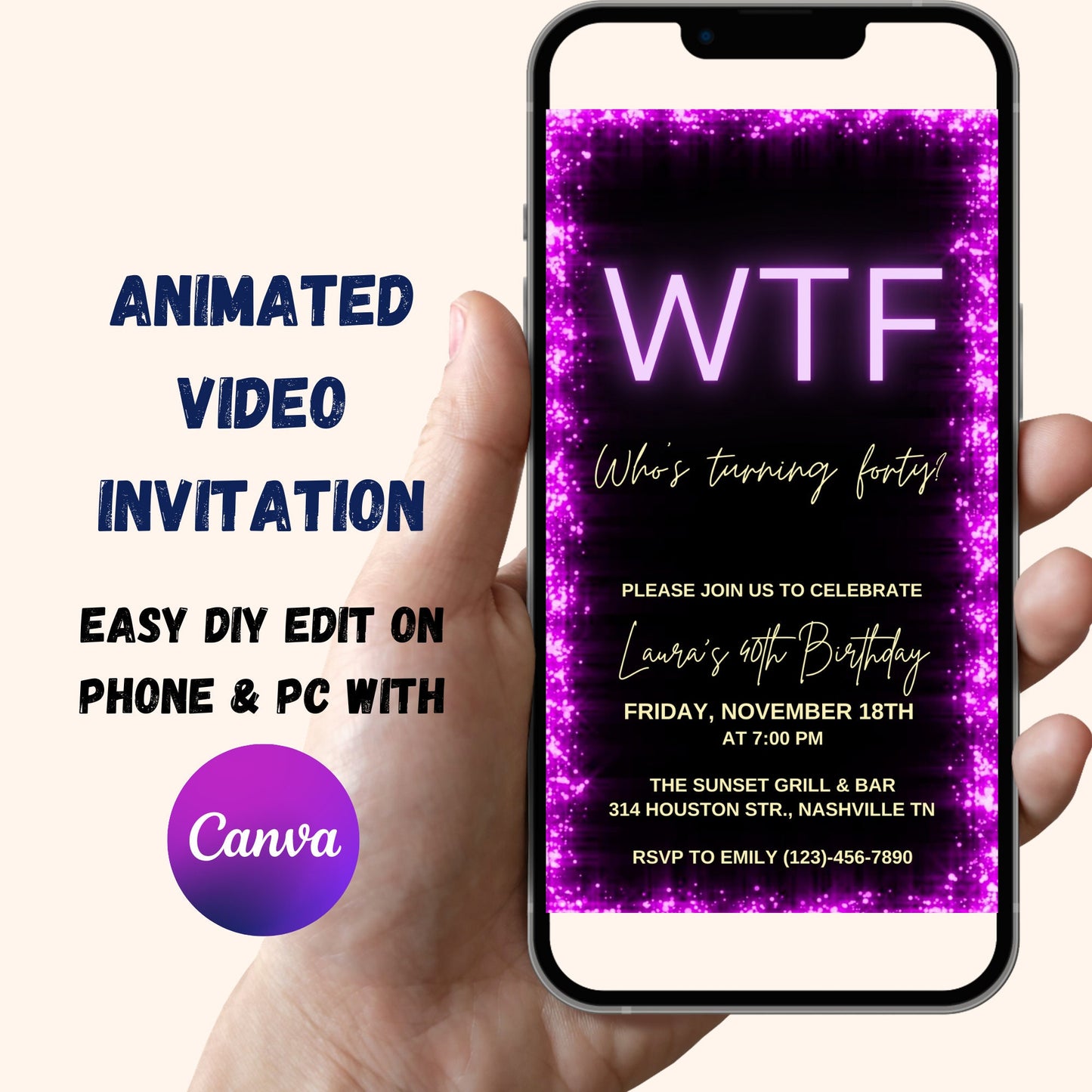 40th Video Birthday Invitation, WTF Who's Turning Forty Animated Birthday Invite, Purple Glitter, Editable Template, Instant Download