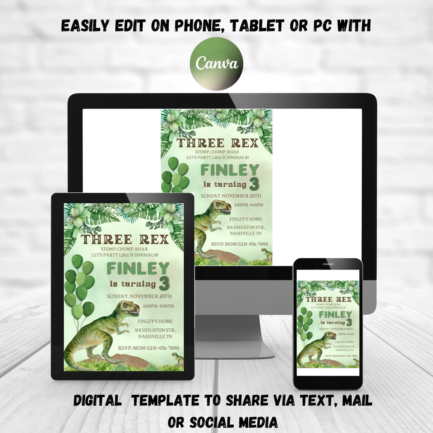 Editable Three Rex Invitation Boy, Dinosaur birthday invitation,Three rex birthday, three rex invite Printable Template Instant download