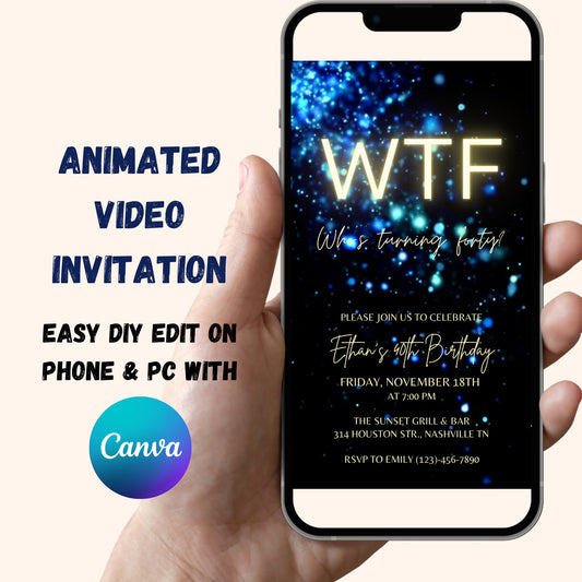 40th Video Birthday Invitation, WTF Who's Turning Forty Animated Birthday Invite, Blue Glitter, Editable Template, Instant Download