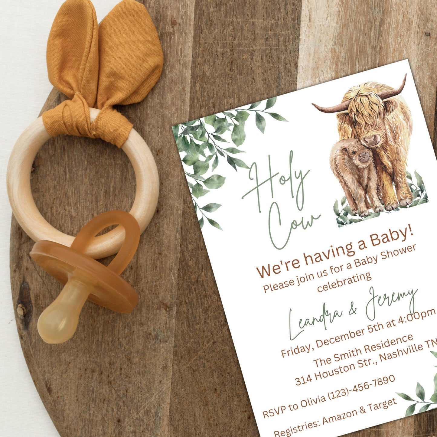 Highland Cow Baby Shower Invitation, Gender Neutral Boho Cow Baby Shower, Holy Cow Baby Shower Invite, Greenery, Online Editable Template