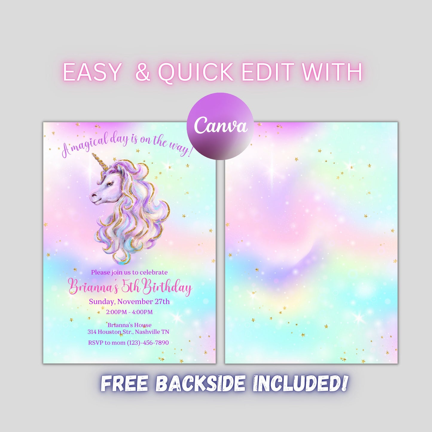 Editable Unicorn Birthday Invitation, Magical Unicorn Birthday Invite, Unicorn Party Invitation Template, Rainbow Unicorn, Digital Download