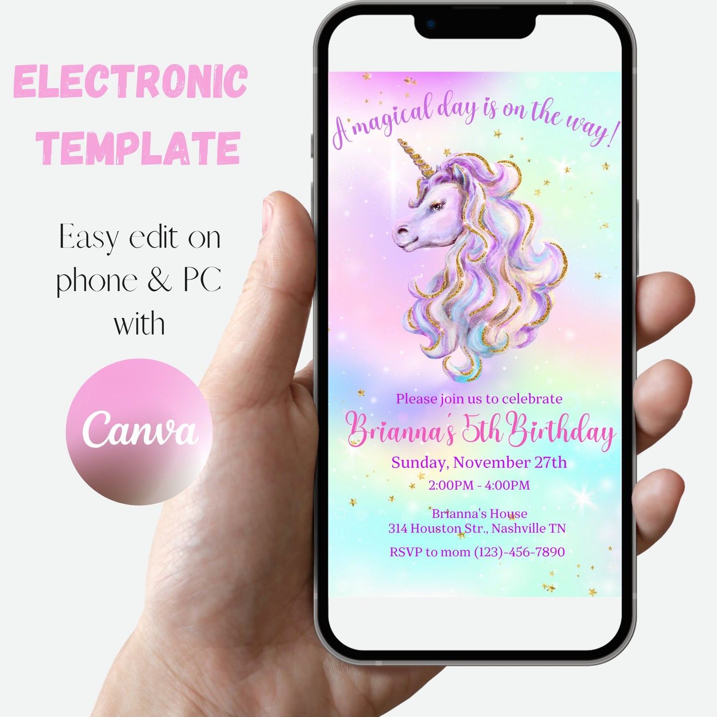 Editable Unicorn Birthday Invitation, Magical Unicorn Birthday Invite, Unicorn Party Invitation Template, Rainbow Unicorn, Digital Download