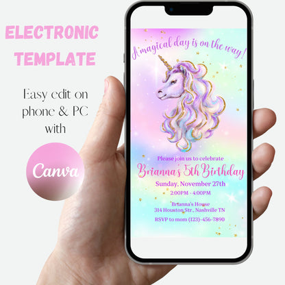 Editable Unicorn Birthday Invitation, Magical Unicorn Birthday Invite, Unicorn Party Invitation Template, Rainbow Unicorn, Digital Download