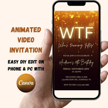 50th Birthday Video Invitation, WTF Who's Turning Fifty Animated Birthday Invite, Gold Glitter, Editable Template, Instant Download