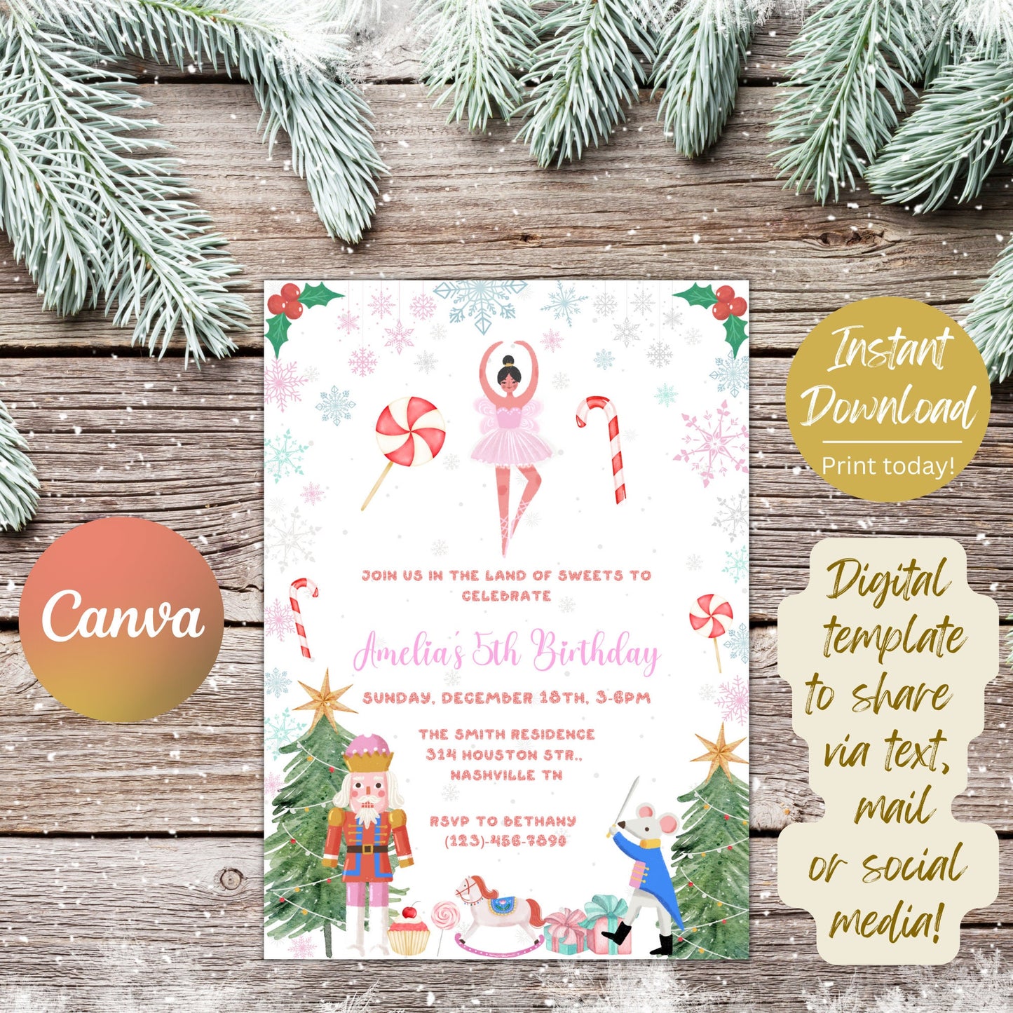 Nutcracker Birthday Invitation, Pink Nutcracker Party Invitation, Nutcracker Ballerina Birthday Invite, Editable Instant Download