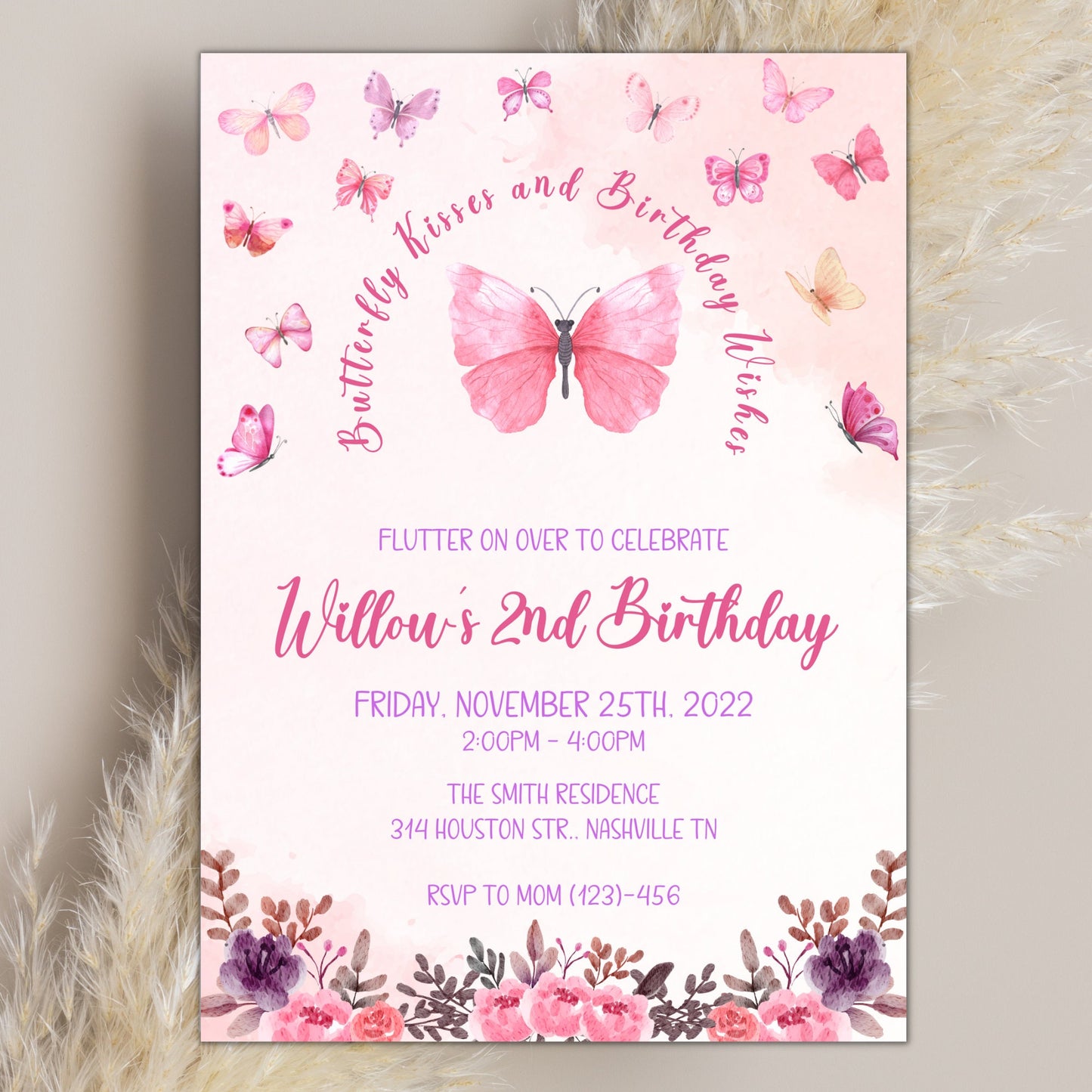 Butterfly Birthday Invitation, Butterfly Invitation, Whimsical Floral Butterfly, Floral Butterfly Garden, Instant Download Editable